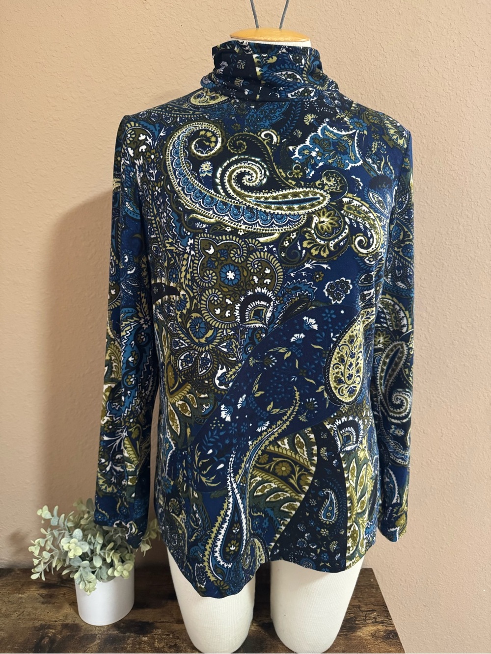 Susan Graver Navy & Olive Paisley Turtleneck Long Sleeve Top